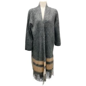 BRUNELLO CUCINELLI GREY / BEIGE FRINGED HEM WOOL AND MOHAIR LONG CARDIGAN SWEATE